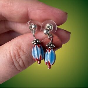 Vintage trade beads style chevron glass bead pierced drop earrings
